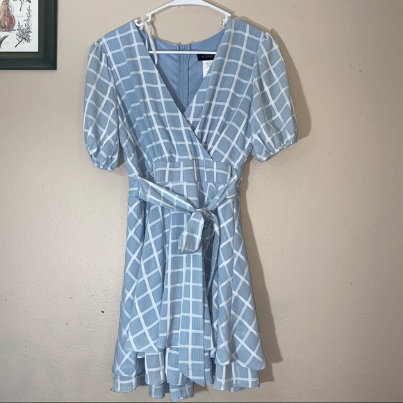 B Darlin Dresses & Skirts - B. Darlin Light Blue / White Fit & Flare Wrap Dress With Waist Tie Window Pane